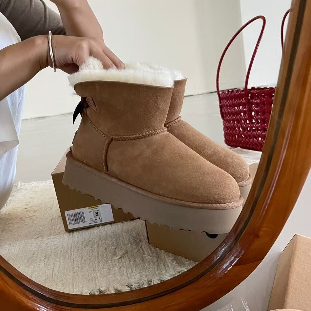 Women's Platform Single Ribbon Bow Thick In Snow Boots