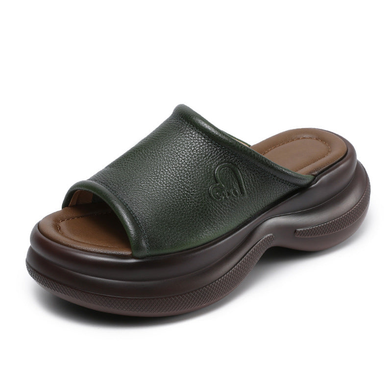 Women's Genuine Peep Toe Roman Platform Cowhide Retro Slippers