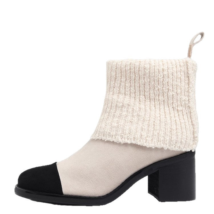 Classic Style Stretch Sock High Chunky Knitted Wool Fashion Women's Leather Boots