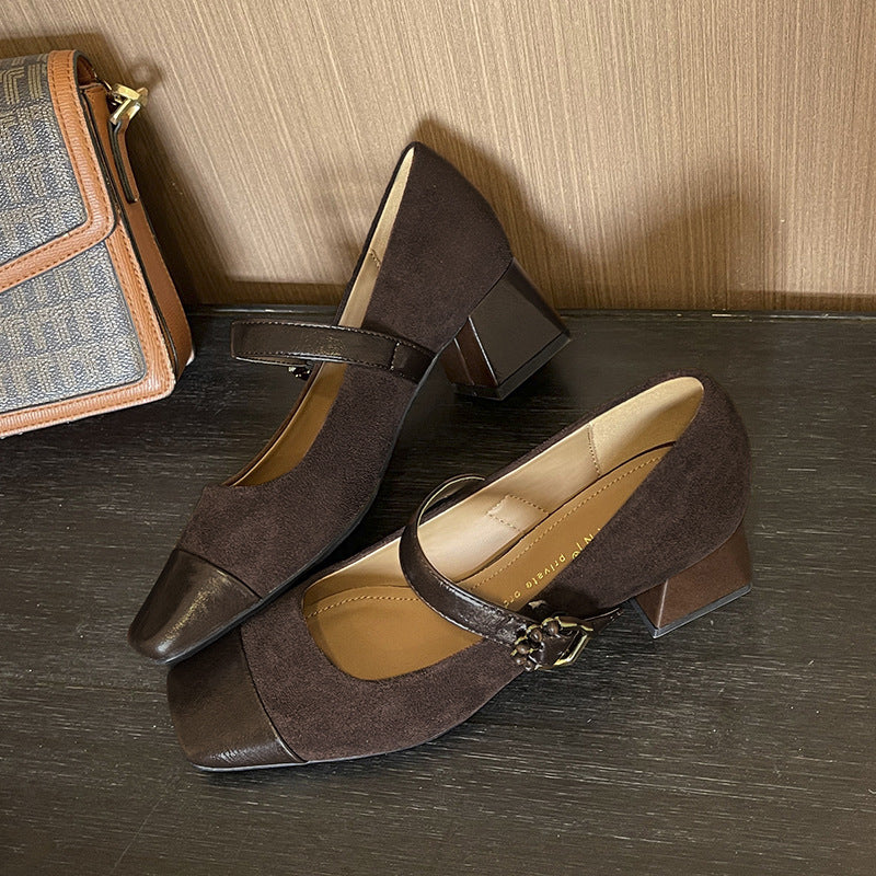 Women's Toe Chunky Pumps Mid Soft Buckle Mary Heels