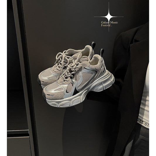 Women's Thick Sole Increased Sier Gray Lace Up Daddy Sneakers