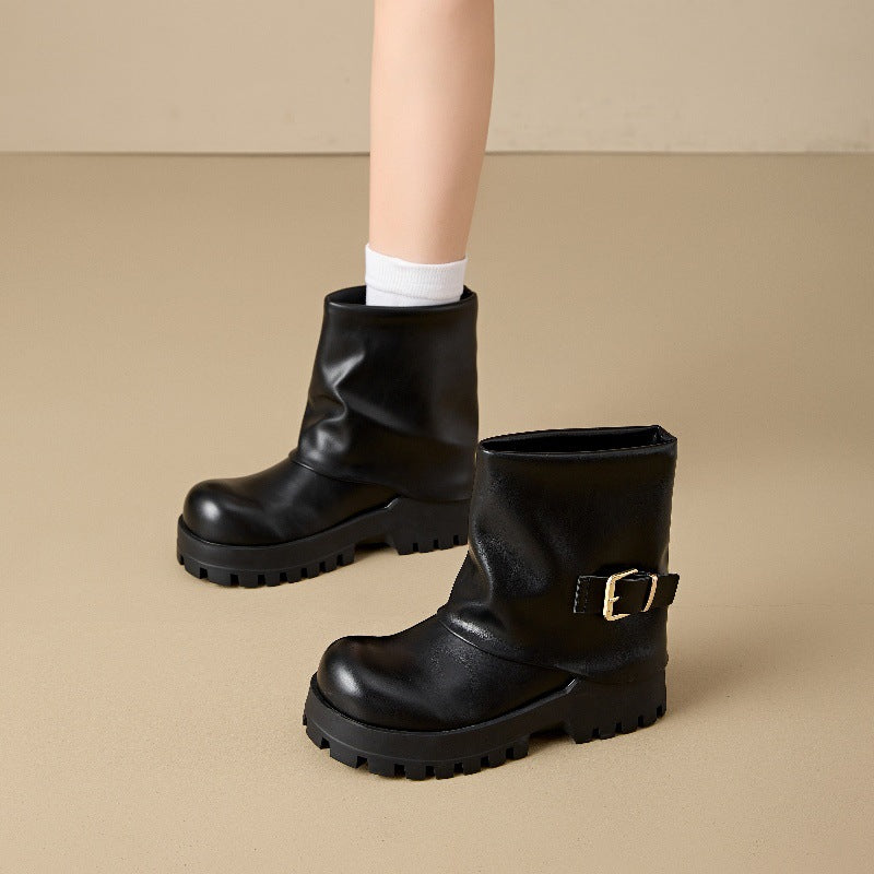Women's Toe Short Platform Pile Style Belt Buckle Women's Leather Boots