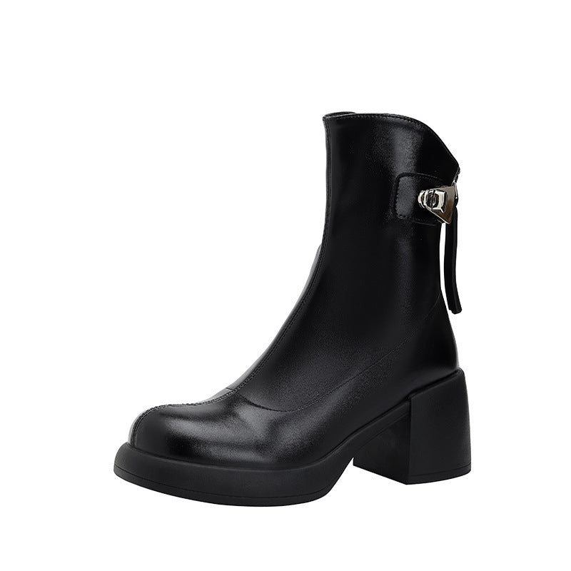 Women's Cowhide Version Skinny Autumn Retro Chunky Boots