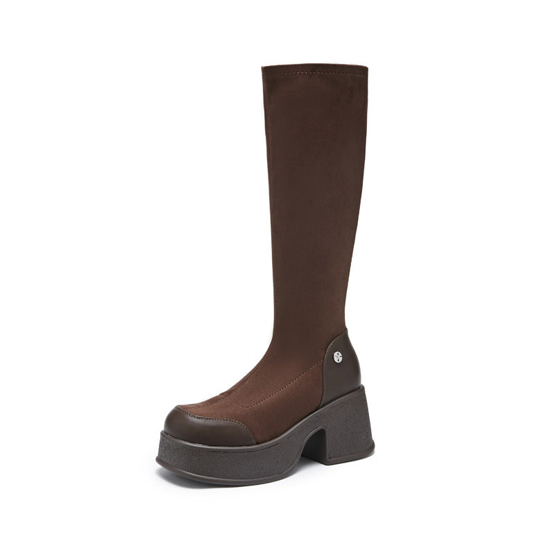 Women's Retro Small Thick Bottom Stretch Skinny Suede Boots