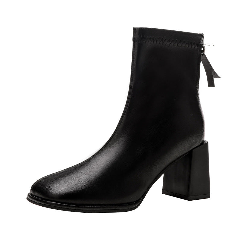 Women's British Style Slimming Square Toe Chunky Boots