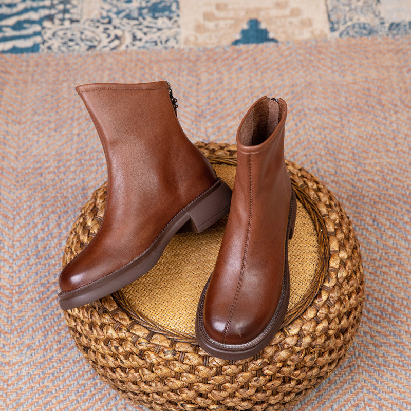 Women's Layer Cowhide Short Rear Zipper Martin Boots