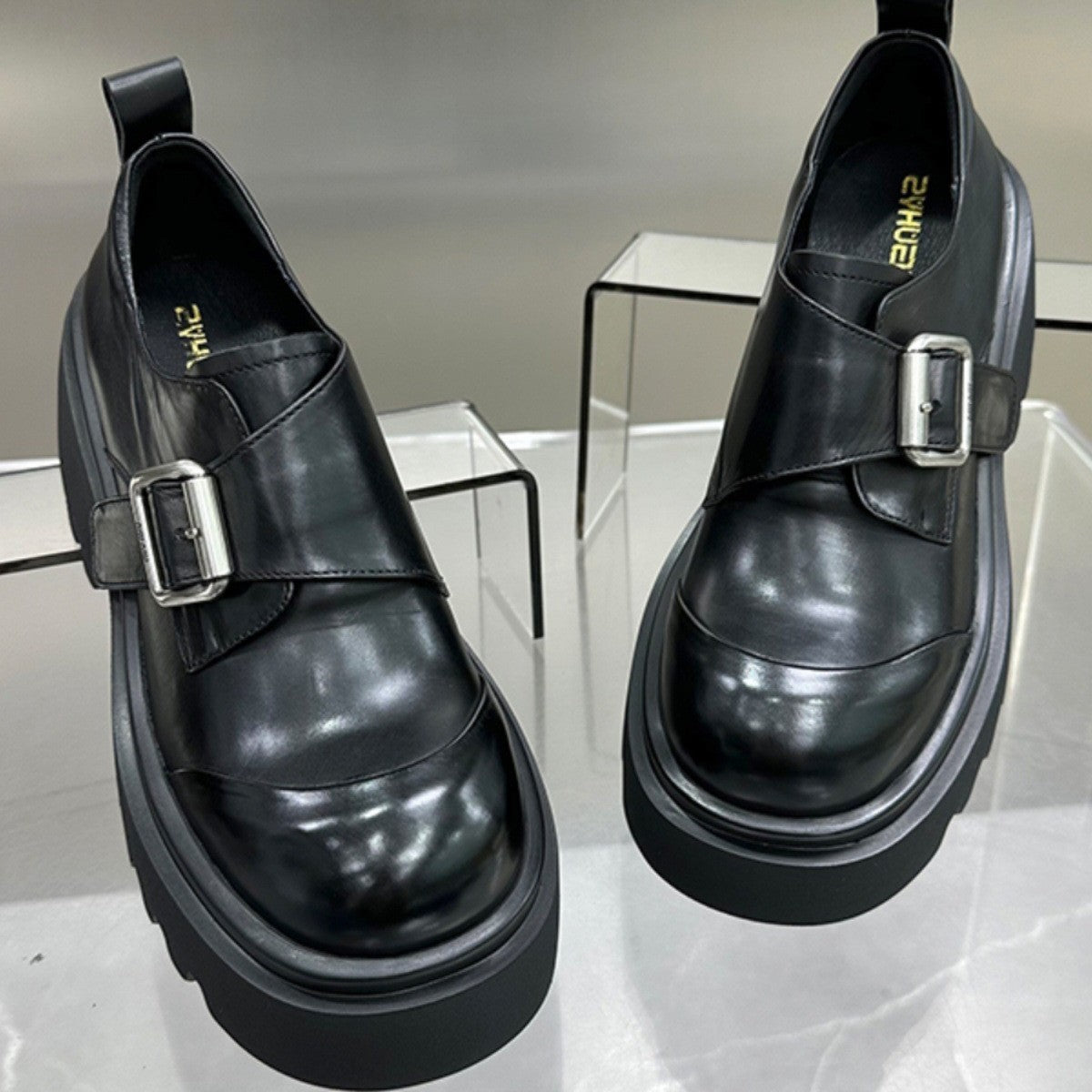 Women's Muffin Platform Black Chunky European Goods Leather Shoes