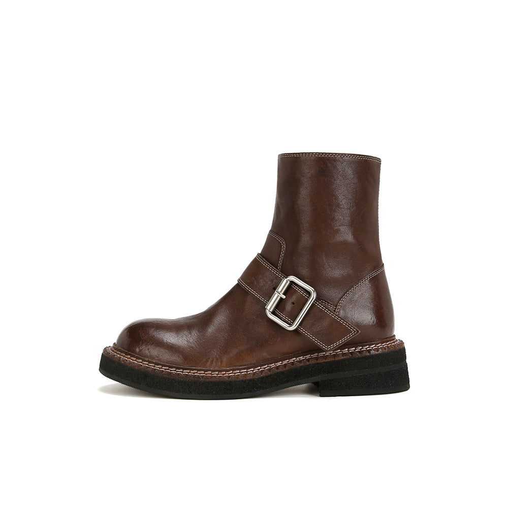 Women's Version Su Washed Shrink Pattern Side Zipper Fleece Biker Women's Leather Boots