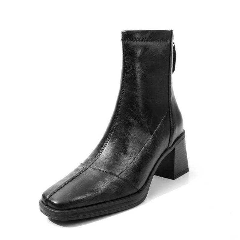 Women's Chunky Square Toe Bootie High Ankle Skinny Western Women's Leather Boots