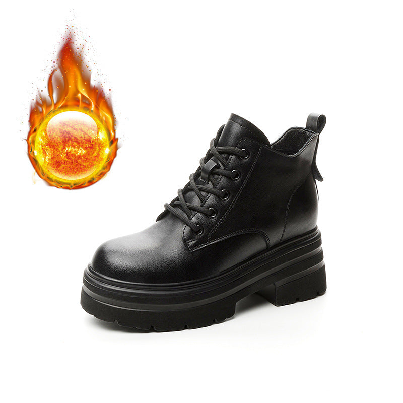 Women's Thick Bottom Increased Platform Lace Up Short Trendy Women's Leather Boots