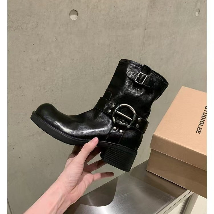 Mom Metal Buckle Round Toe Vintage Motorcycle Chunky Boots