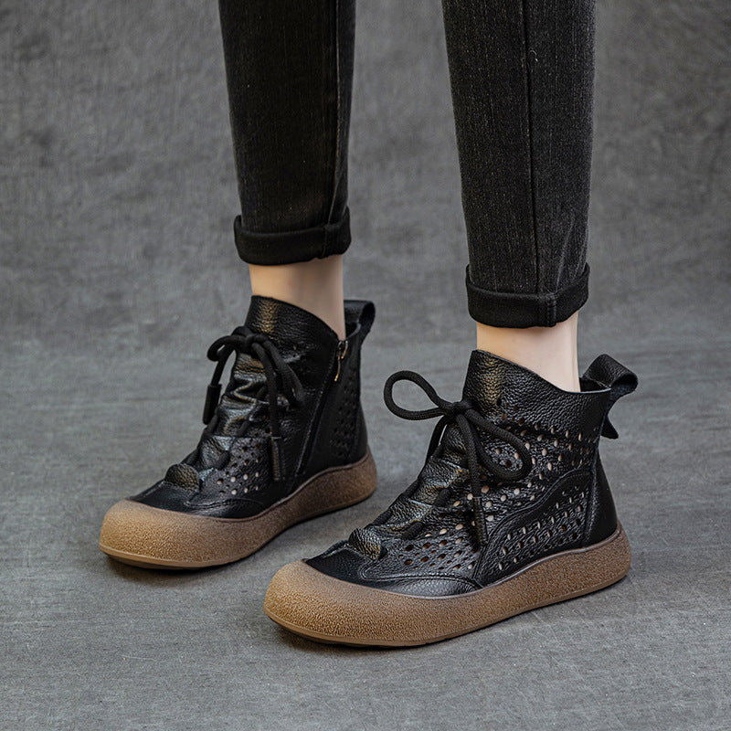 Women's Layer Cowhide Hollow Flat Soft Bottom Boots