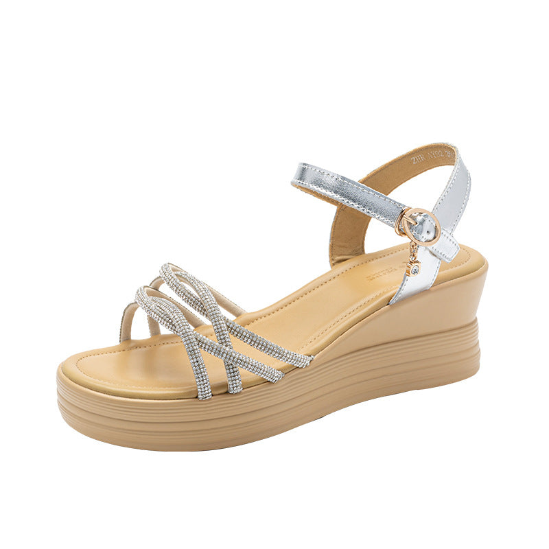 Women's Thin Strap Rhinestone Wedge Korean Platform Sandals