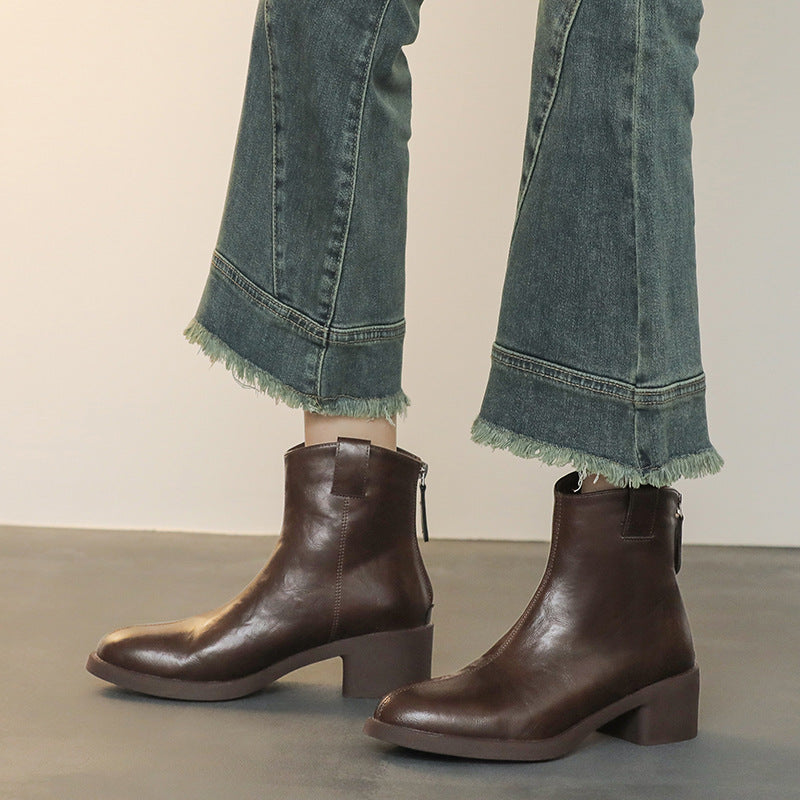 Women's Soft Bottom Chunky Short Commuter Thin Women's Leather Boots