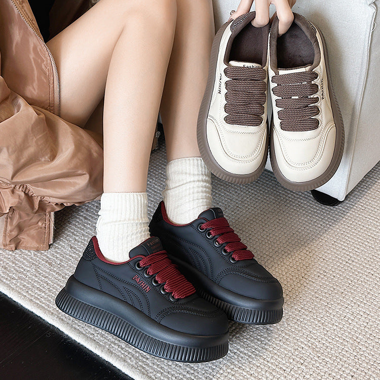 Women's Rhinestone Bread Fleece-lined Soft Thick-soled White Sneakers