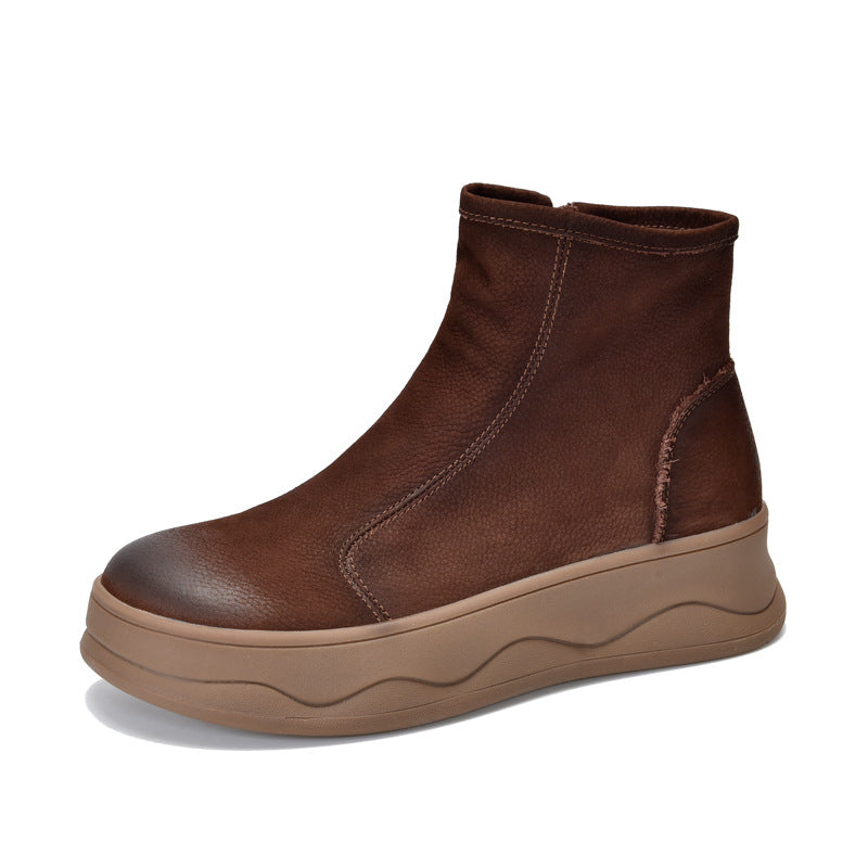 Women's Layer Cowhide Vintage Soft Bottom Fleece-lined Boots