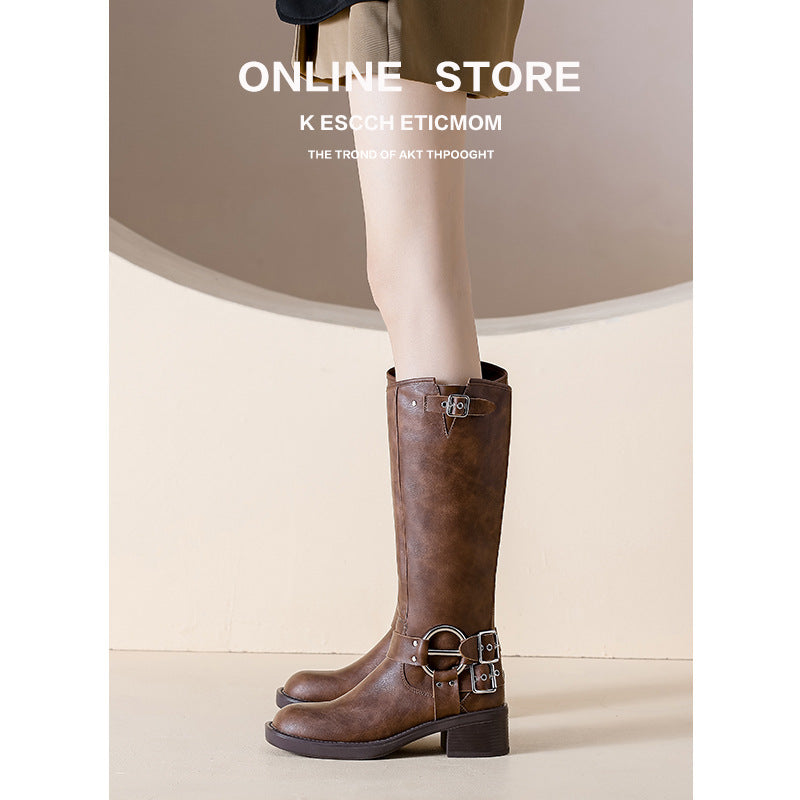 Women's Buckle Chunky Martin Below The Knee British Style Plus Boots