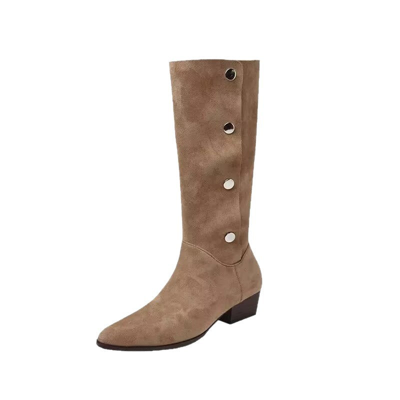 Women's Western Cowboy Pile Style Autumn Single Pointed Toe Long Chunky Women's Leather Boots