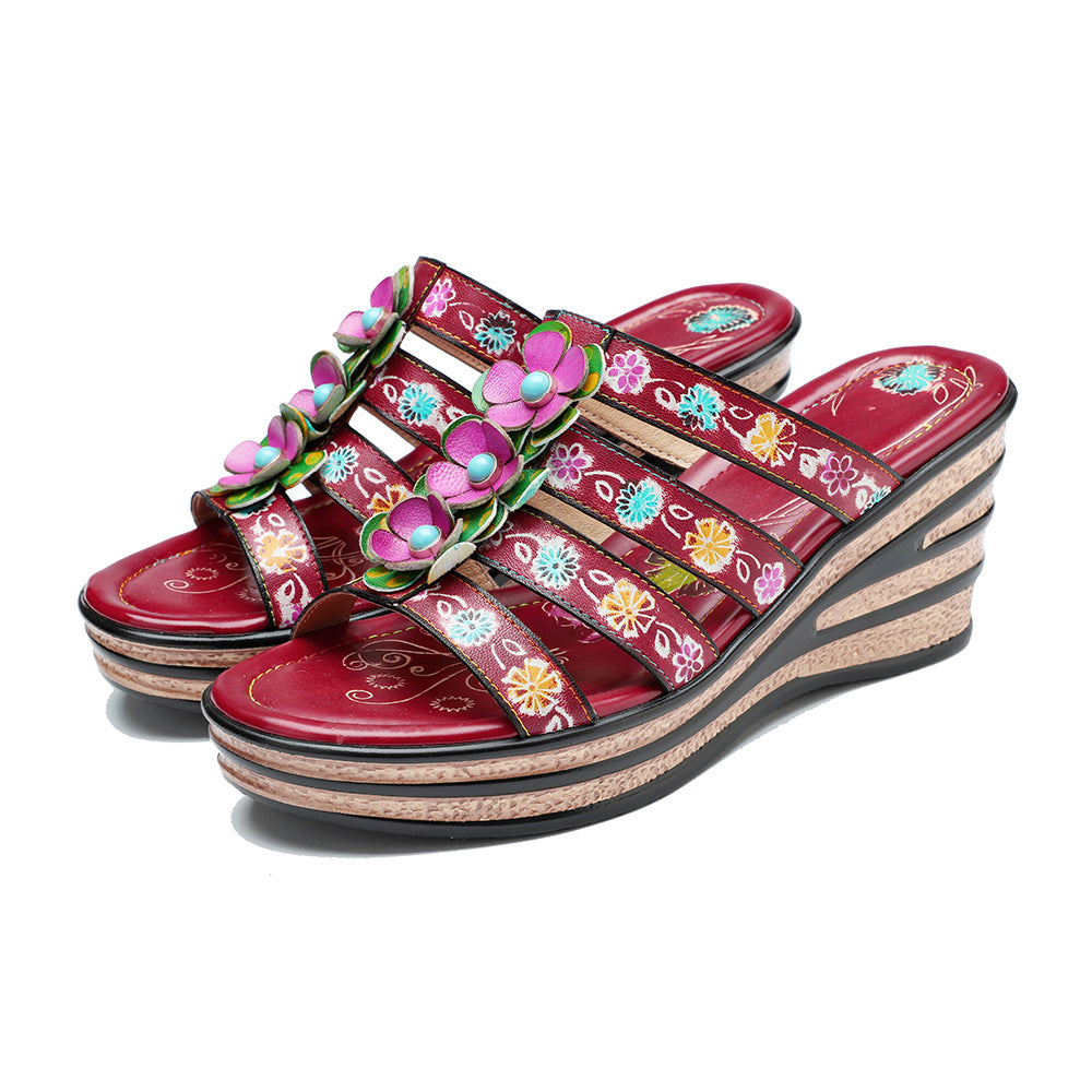 Summer Genuine Hand-rub Color Retro Flower Slippers
