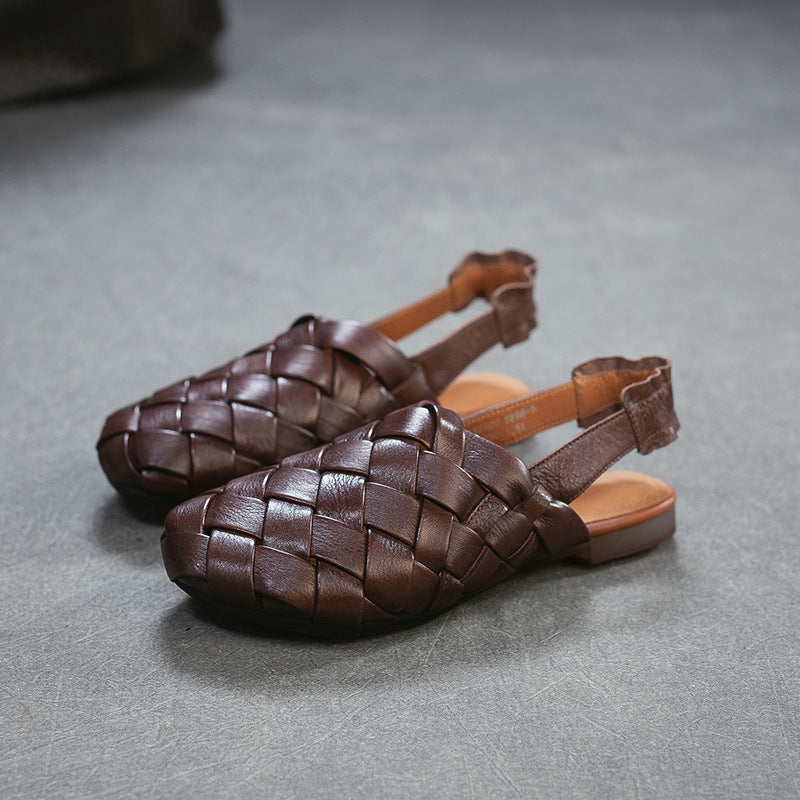 Women's First Layer Cowhide Hand-woven Closed Toe Flat Back Sandals