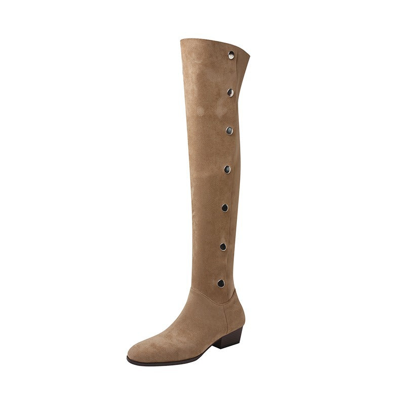 Women's Western Cowboy Button High Leg Chunky Women's Leather Boots