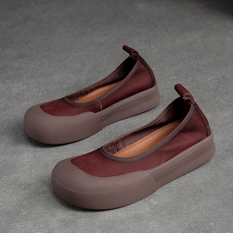 Women's Mouth First Layer Cowhide Round Toe Flat Bottom Slip-on Casual Shoes
