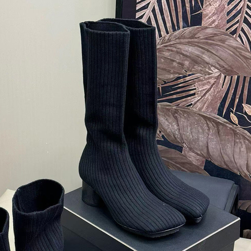 Square Toe Skinny Stretch Cylindrical Socks Boots