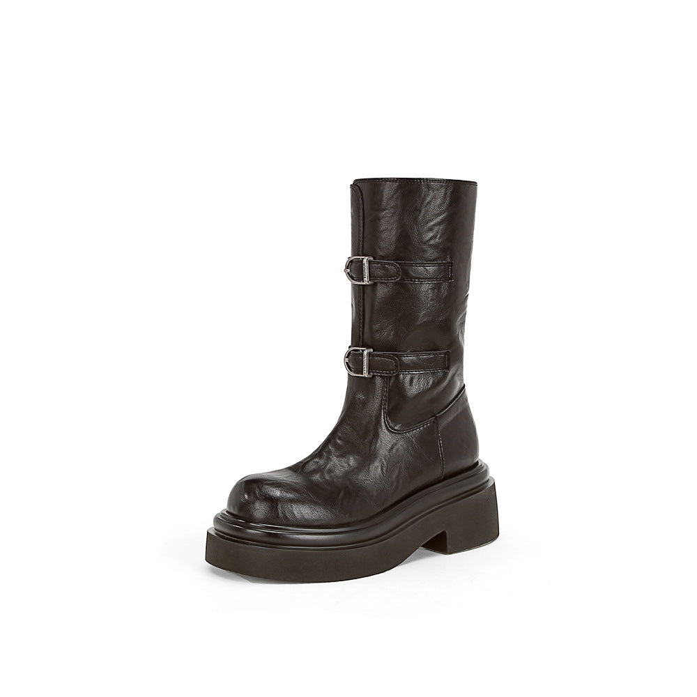 Women's Button Thick Bottom Motorcycle Tube Fleece Boots