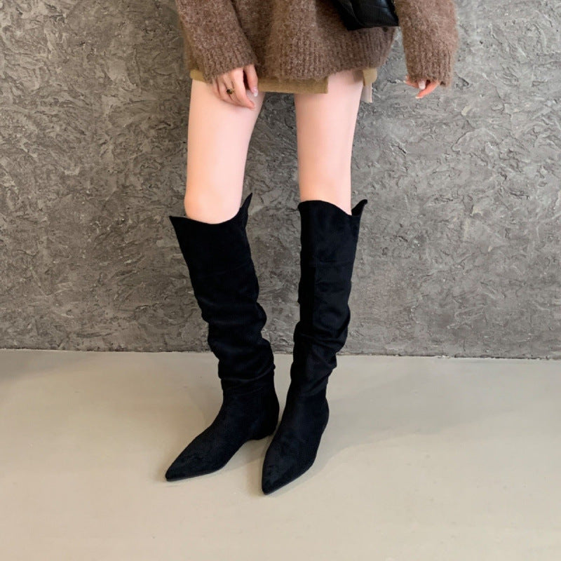 Women's Pointed Pleated Pile Style For Height Increasing Insole Elegant Slimming Boots