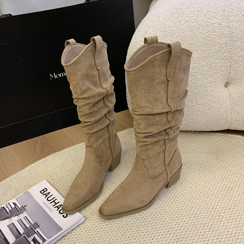 Women's Size Suede Pile Style Western Cowboy Thick Leg Long Boots