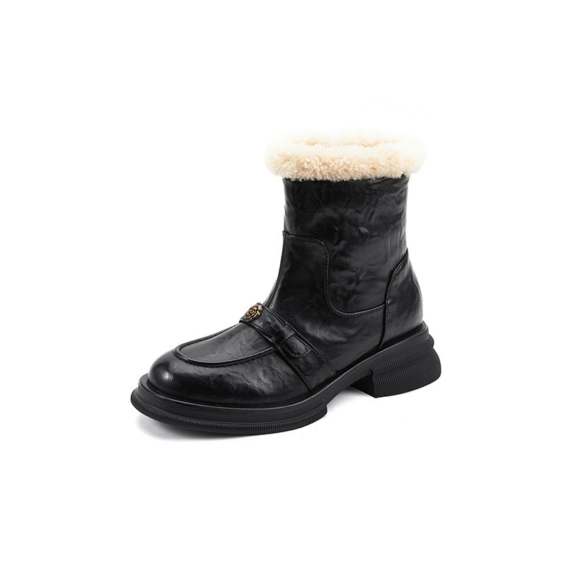 Women's Round Head Thick Bottom Veet Martin Cowhide Wool Platform Women's Leather Boots