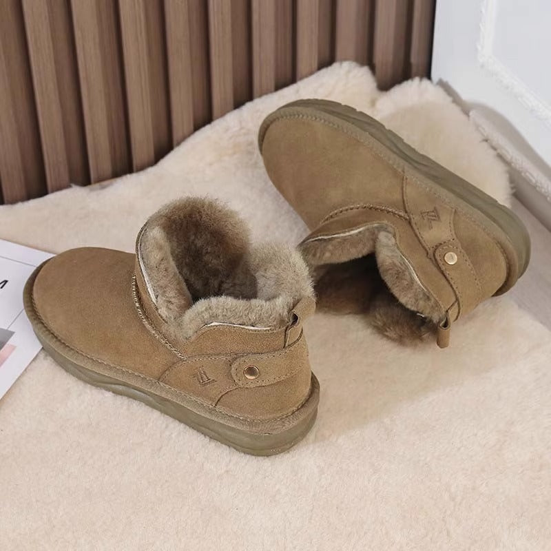 Women's Fur Integrated Fleece-lined Short Low Top Snow Boots