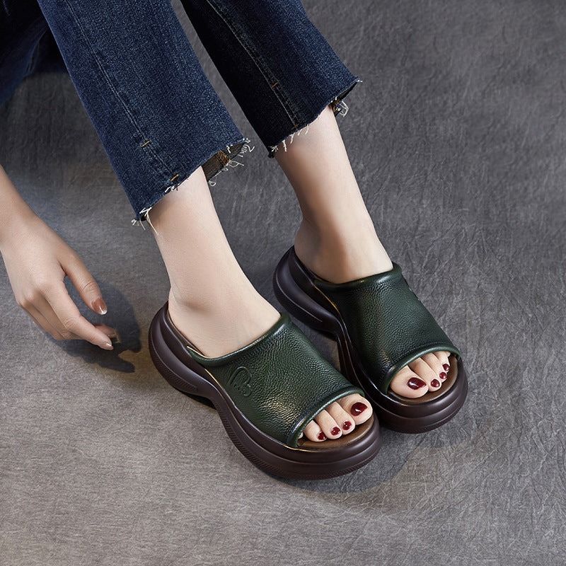 Women's Genuine Peep Toe Roman Platform Cowhide Retro Slippers