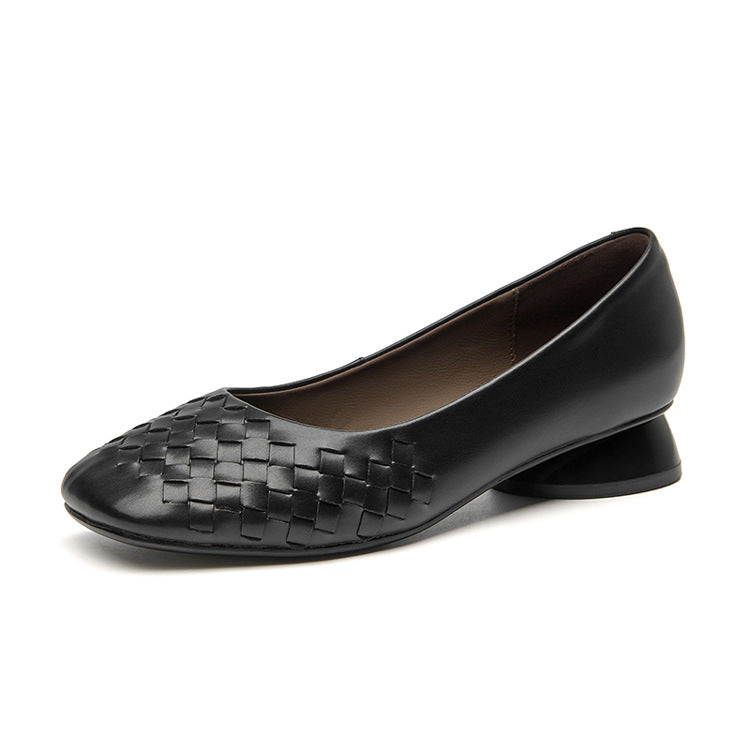 Women's Calf Skin Horseshoe Low Square Toe Soft Bottom Woven Women's Shoes