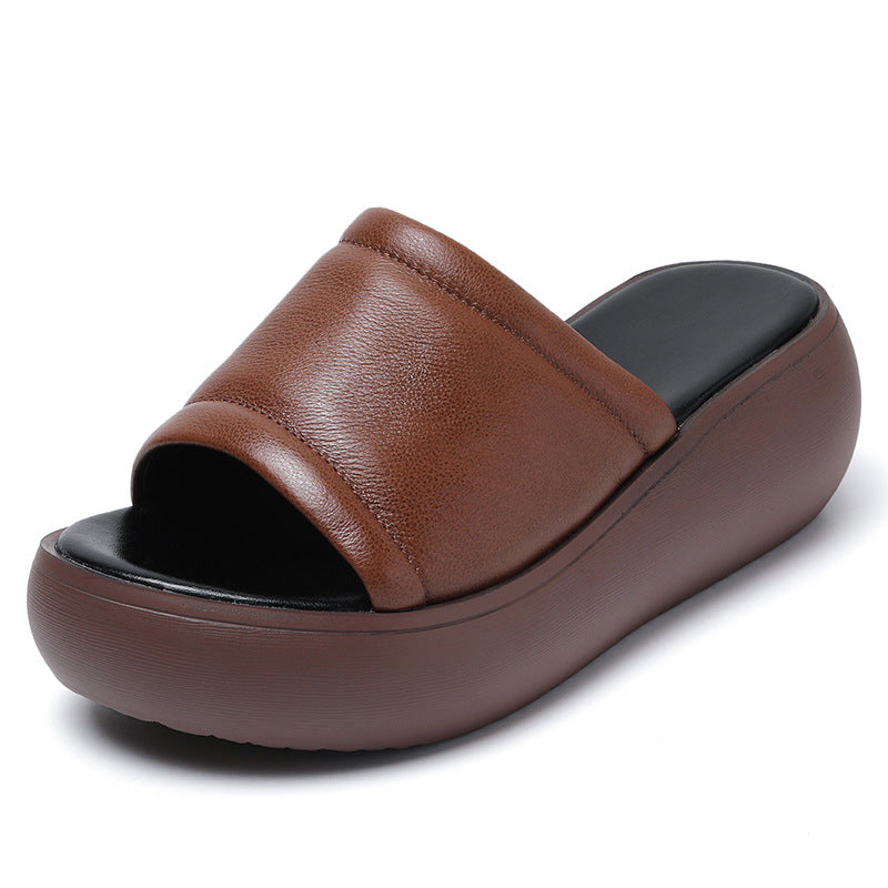 Women's First Layer Cowhide Open Toe Outer Wear Slippers