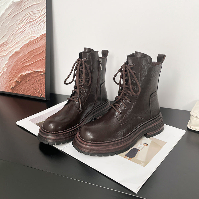 Women's Martin For British Style Round Toe Side Zipper Ankle Women's Leather Boots