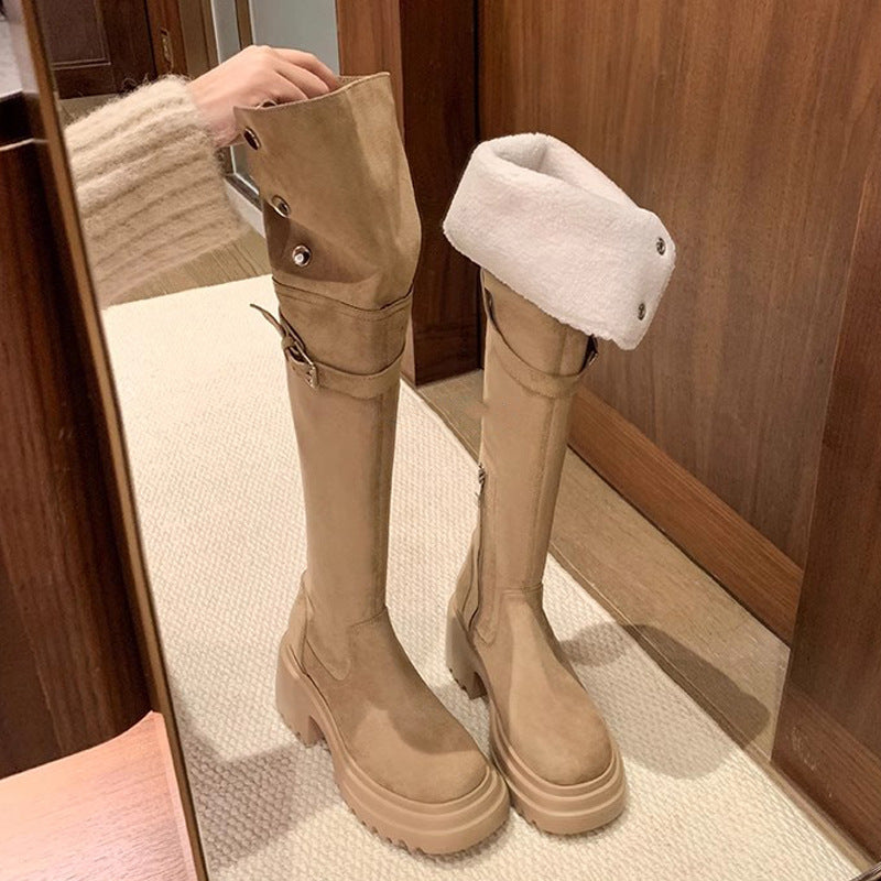 Bottom Lamb Fur Chunky High Over The Knee Elastic Boots