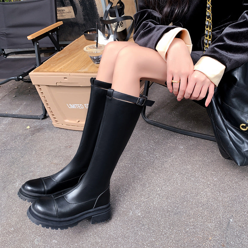 Below The Knee Long Female Small Figure Slimming Flat Tall Women's Leather Boots