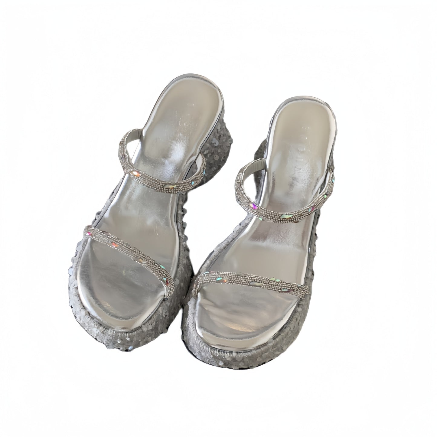 Women's Tax Platform Wedge Summer Wear Fashionable Sequins Transparent Word Toe Thick-soles Slippers