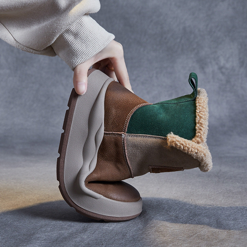 Women's Color Matching Wool Mouth Thickened Top Layer Snow Boots