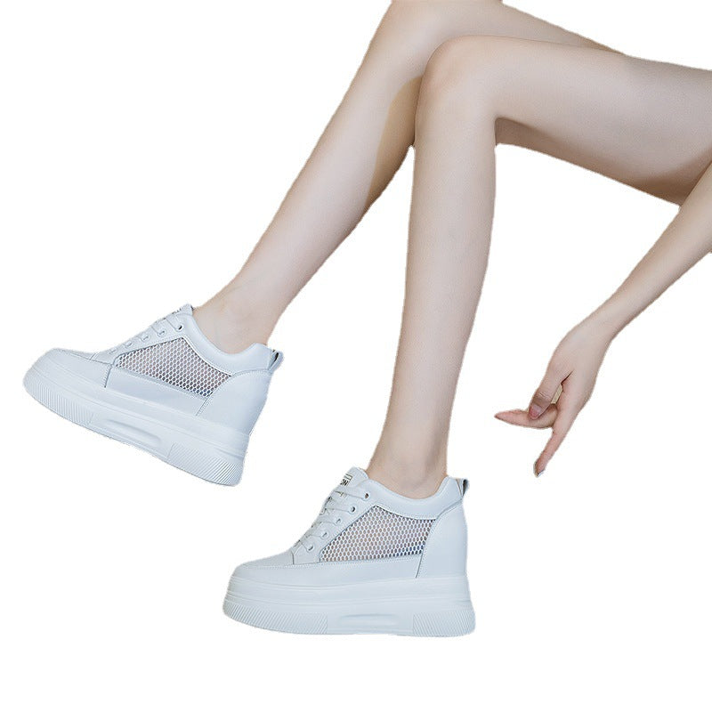Women's Hidden White Spring Breathable Mesh Platform Height Increasing Heels