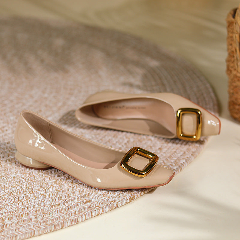 Women's Buckle Patent Head Chunky Low-cut Flat-heeled Flat Sheepskin Heels