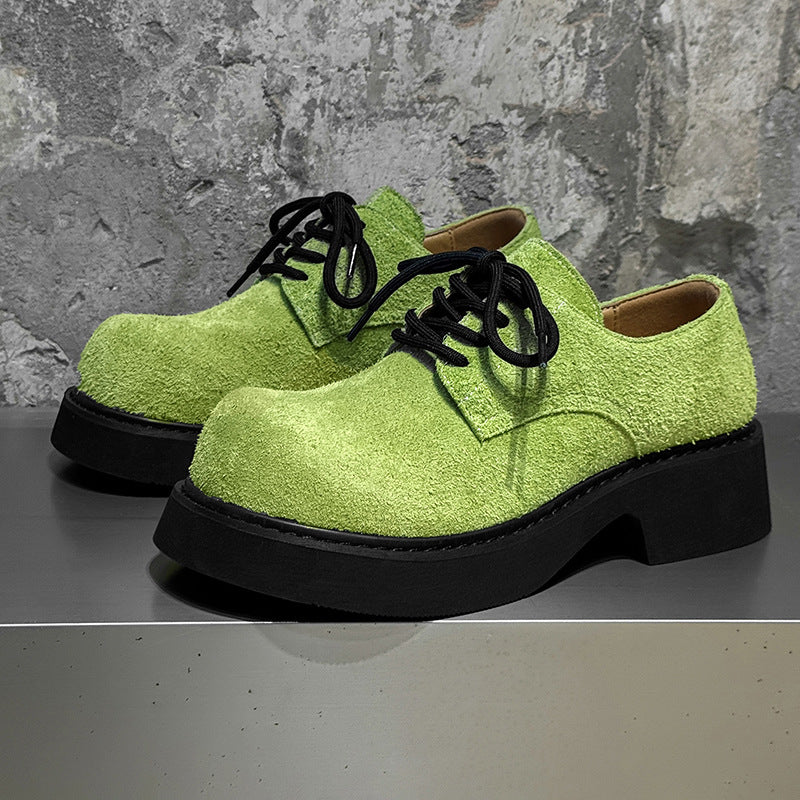 British Style Long Fur Apple Green Leather Shoes
