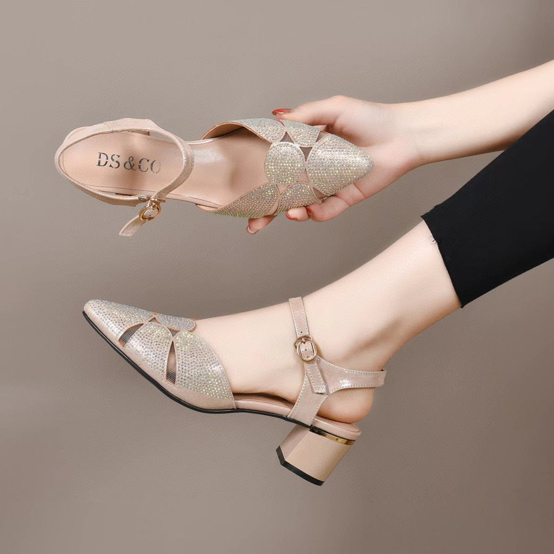 Women's Pointed Toe Summer Sheepskin Rhinestone Buckle Sandals