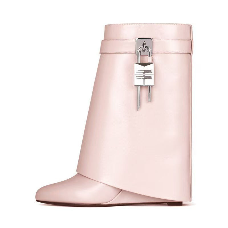 Women's Large Tube Lock Skirt Broken Round Toe Surface High Short Heels
