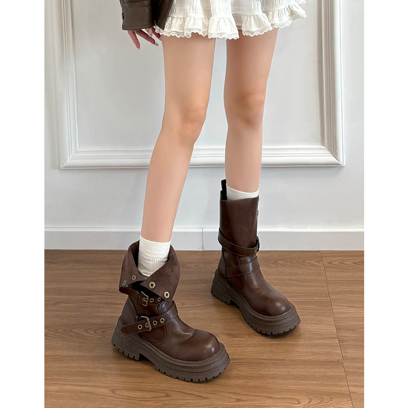 Women's Bottom Mid Short British Style Retro Brown Women's Leather Boots