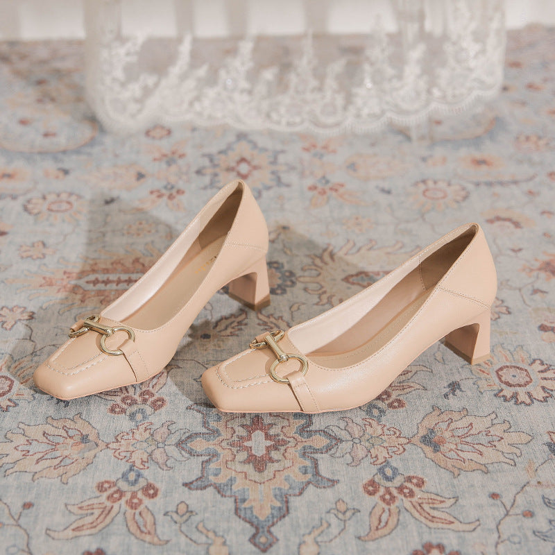 Women's Retro High Chunky Spring Horse Buckle Temperament Square Toe Pumps Women's Fashion Shoes