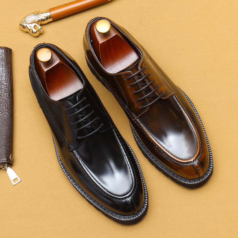 Men's Style Business Formal Wear Genuine Shining Black Platform Leather Shoes