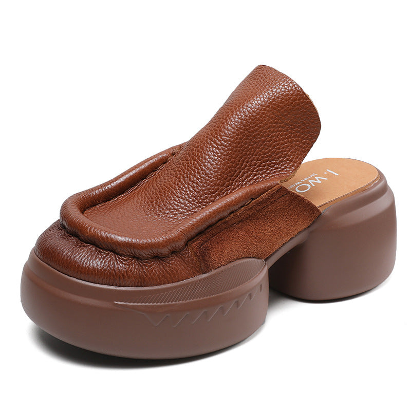 Women's Cowhide Personality Muffin Outer Wear Half Slippers