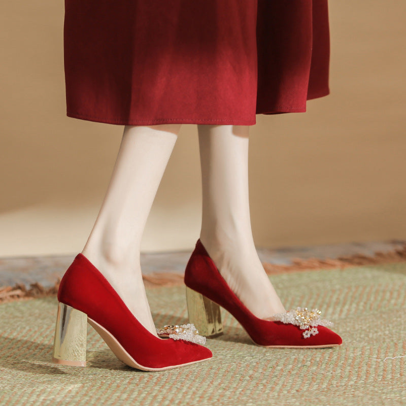 Women's Electroplated Crystal Flower Ornament Suede Red High Women's Shoes